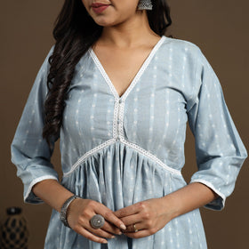 Light Blue Flared Cotton Lace Work Jacquard Kurta for Women