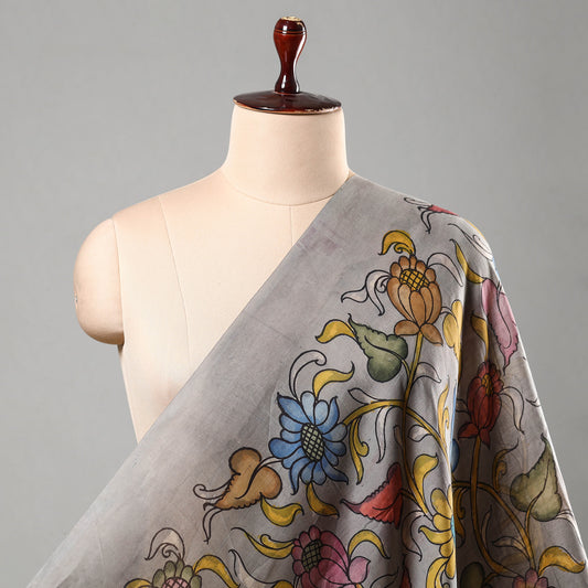 Grey - Srikalahasti Kalamkari Handpainted Pen Work Chanderi Silk Handloom Fabric