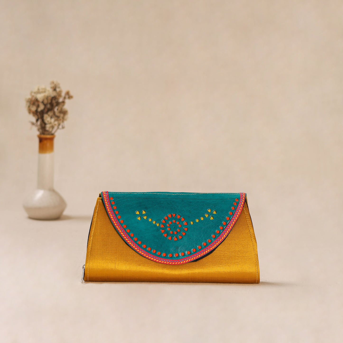Yellow - Traditional Kutch Mashru Silk Leather Flap Clutch / Wallet 10