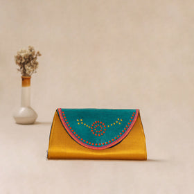 Yellow - Traditional Kutch Mashru Silk Leather Flap Clutch / Wallet 10