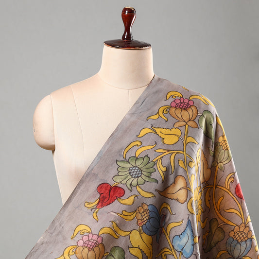 Grey - Srikalahasti Kalamkari Handpainted Pen Work Chanderi Silk Handloom Fabric