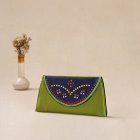Green - Traditional Kutch Mashru Silk Leather Flap Clutch / Wallet 11
