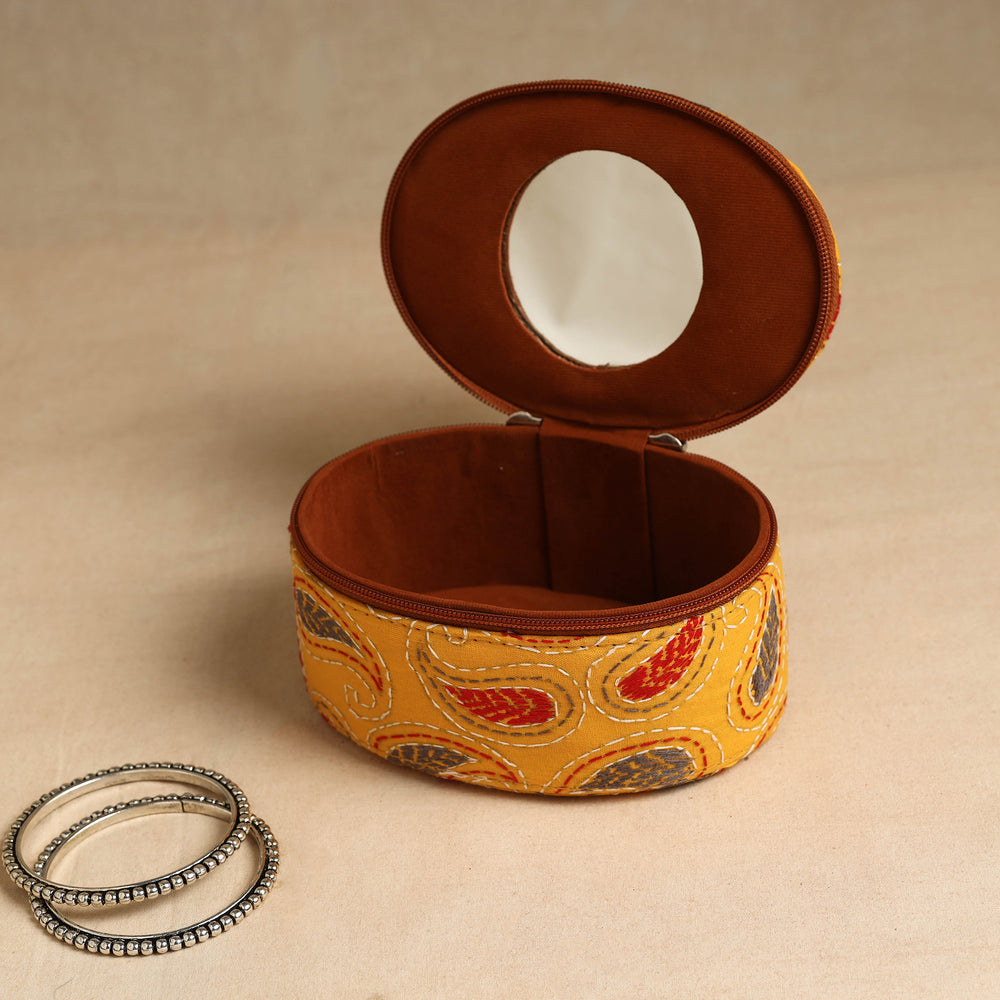 Yellow - Bengal Kantha Work Handcrafted Oval Jewelry Box with Mirror 23