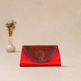 Red - Traditional Kutch Mashru Silk Leather Flap Clutch / Wallet 12