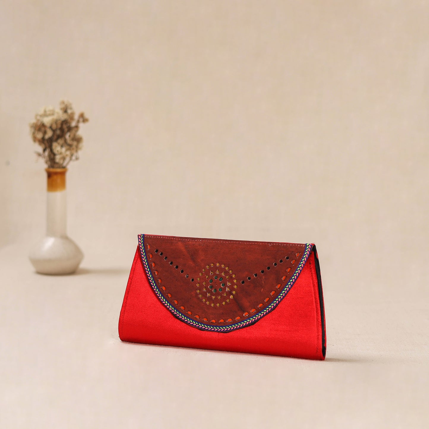 Red - Traditional Kutch Mashru Silk Leather Flap Clutch / Wallet 12