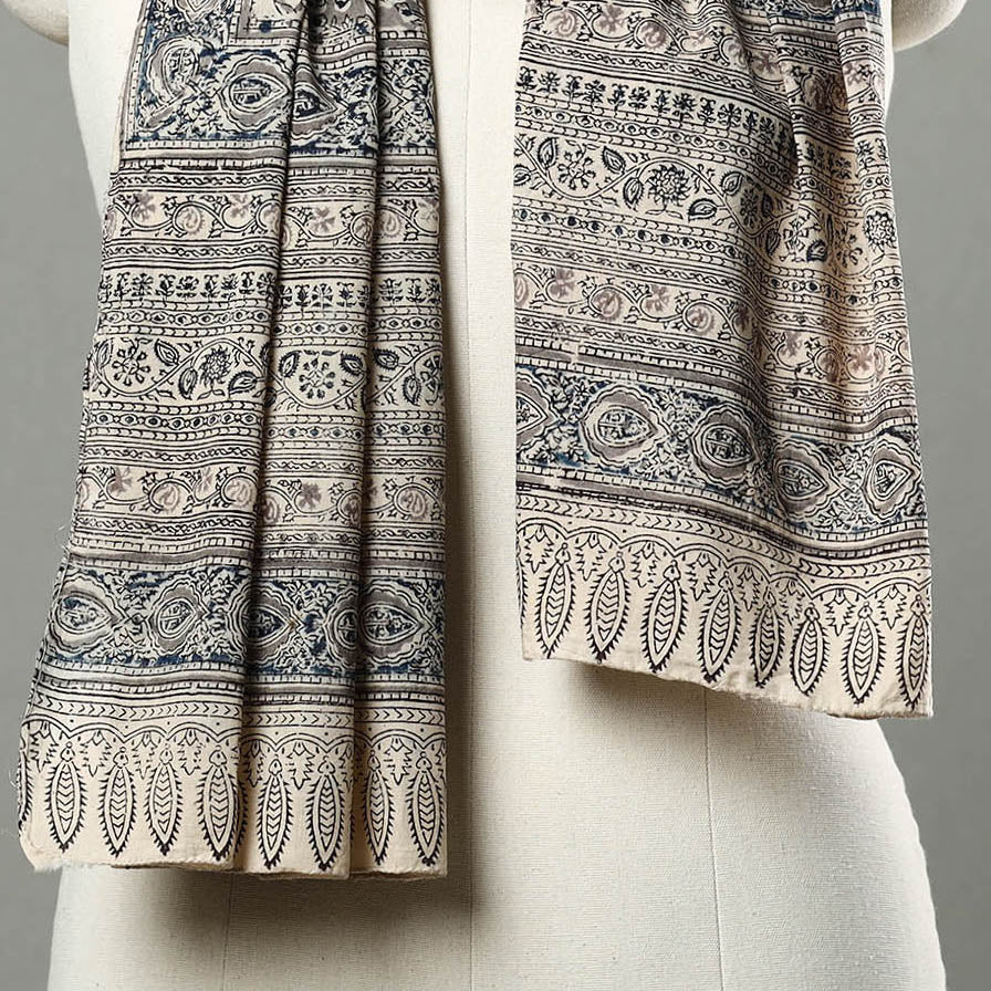 Grey - Natural Dyed Block Print Mul Cotton Kalamkari Stole 06