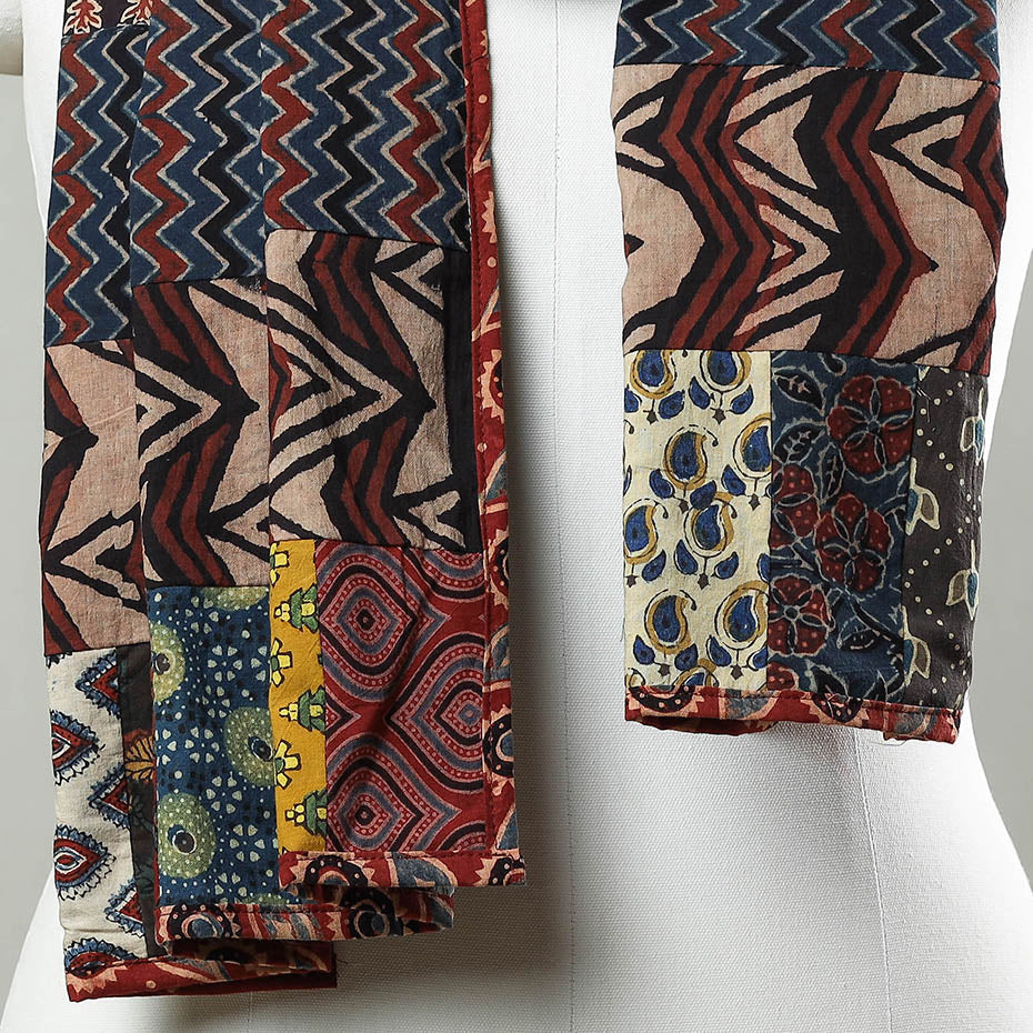Multicolor - Patchwork Cotton Stole in Ajrakh Block Prints 53