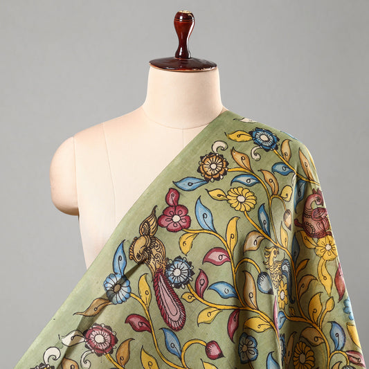 Green - Srikalahasti Kalamkari Handpainted Pen Work Chanderi Silk Handloom Fabric