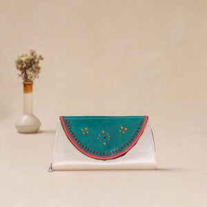 White - Traditional Kutch Mashru Silk Leather Flap Clutch / Wallet 16