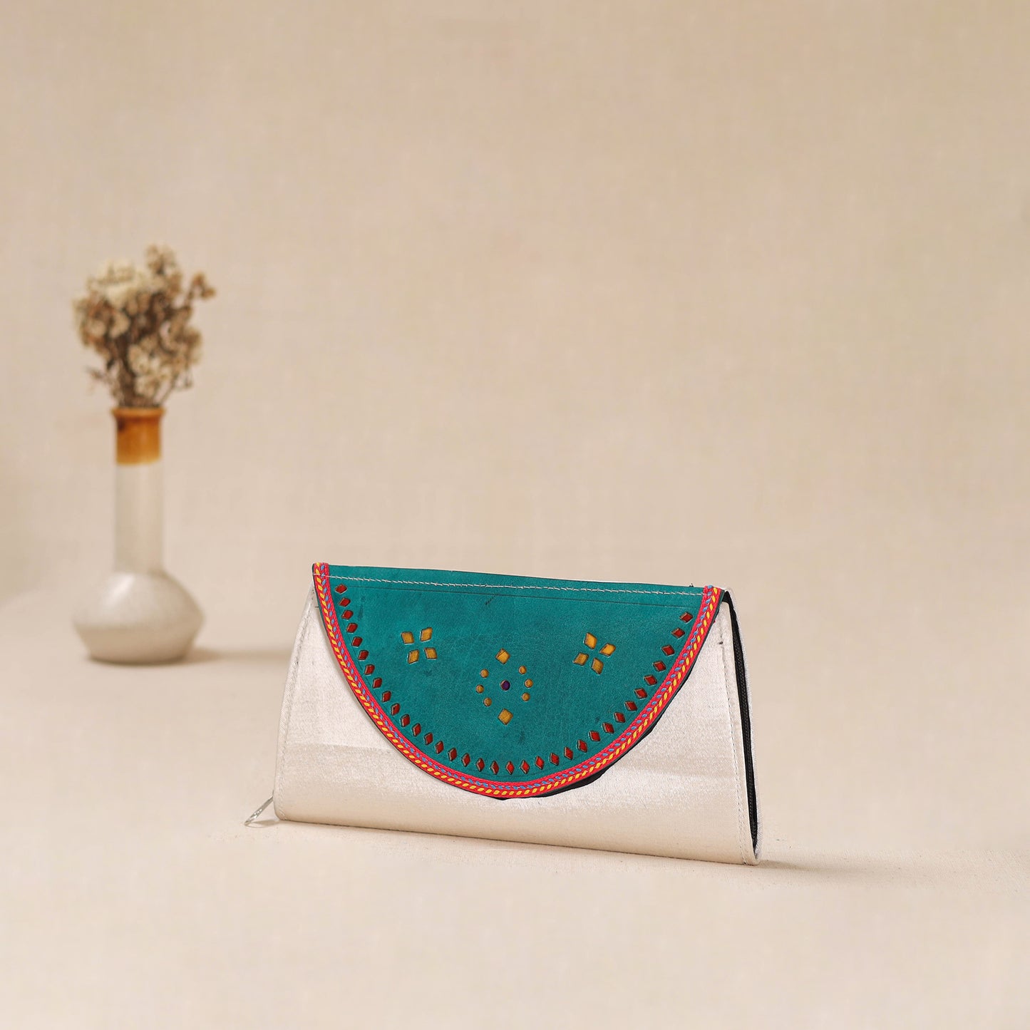 White - Traditional Kutch Mashru Silk Leather Flap Clutch / Wallet 16