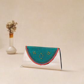 White - Traditional Kutch Mashru Silk Leather Flap Clutch / Wallet 16