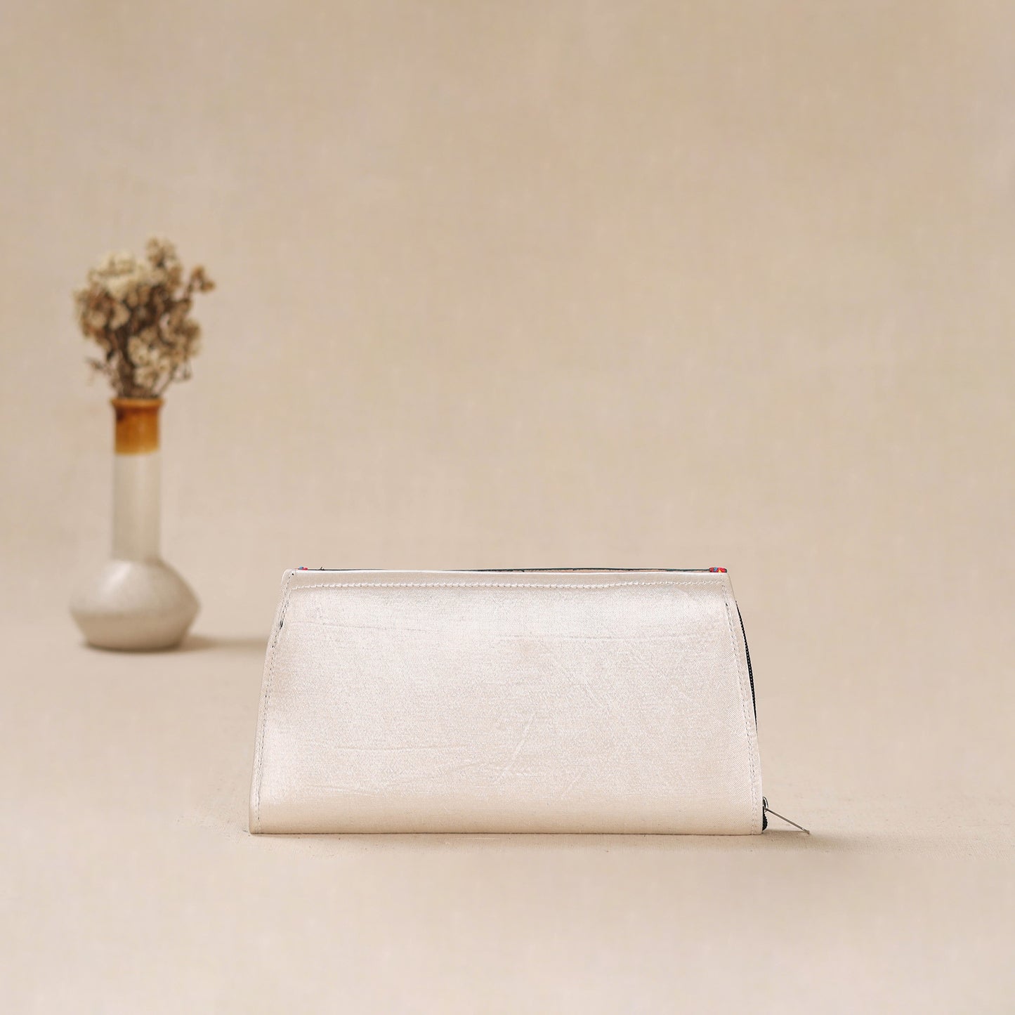White - Traditional Kutch Mashru Silk Leather Flap Clutch / Wallet 16