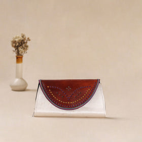 White - Traditional Kutch Mashru Silk Leather Flap Clutch / Wallet 17