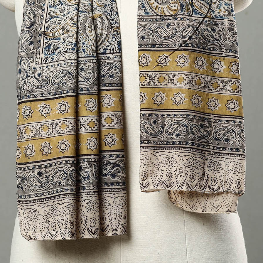 Grey - Natural Dyed Block Print Mul Cotton Kalamkari Stole 17