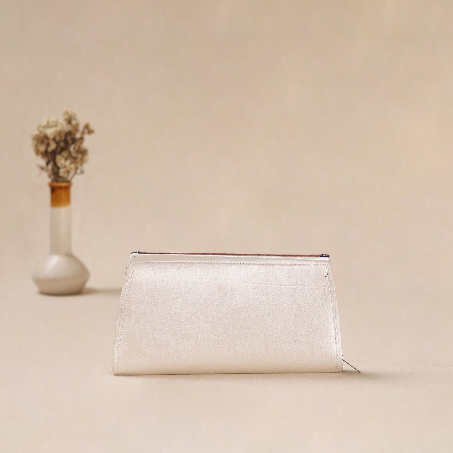 White - Traditional Kutch Mashru Silk Leather Flap Clutch / Wallet 17