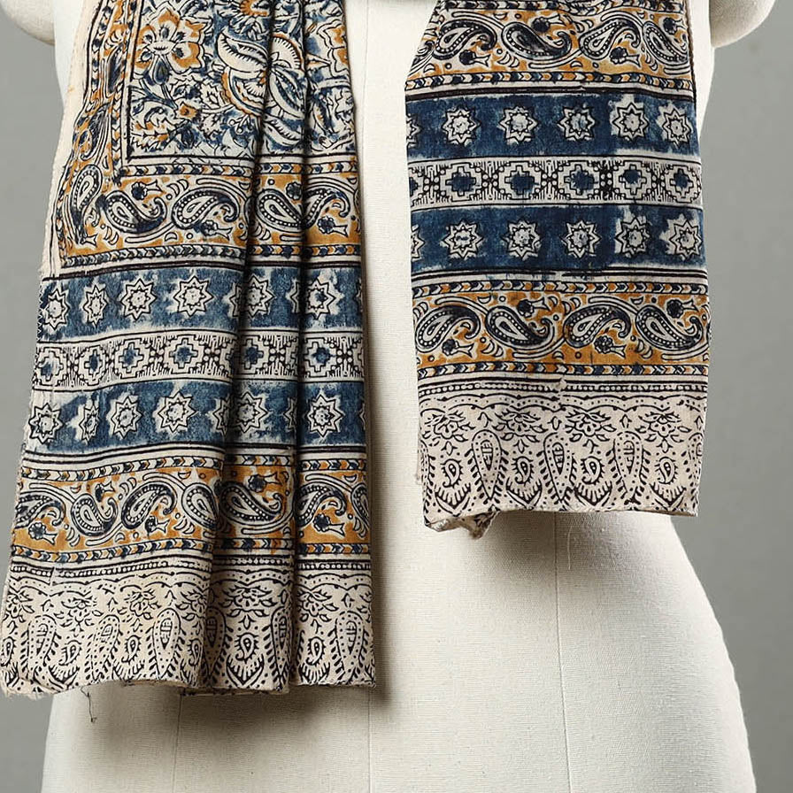 Blue - Natural Dyed Block Print Mul Cotton Kalamkari Stole 19