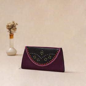 Purple - Traditional Kutch Mashru Silk Leather Flap Clutch / Wallet 18