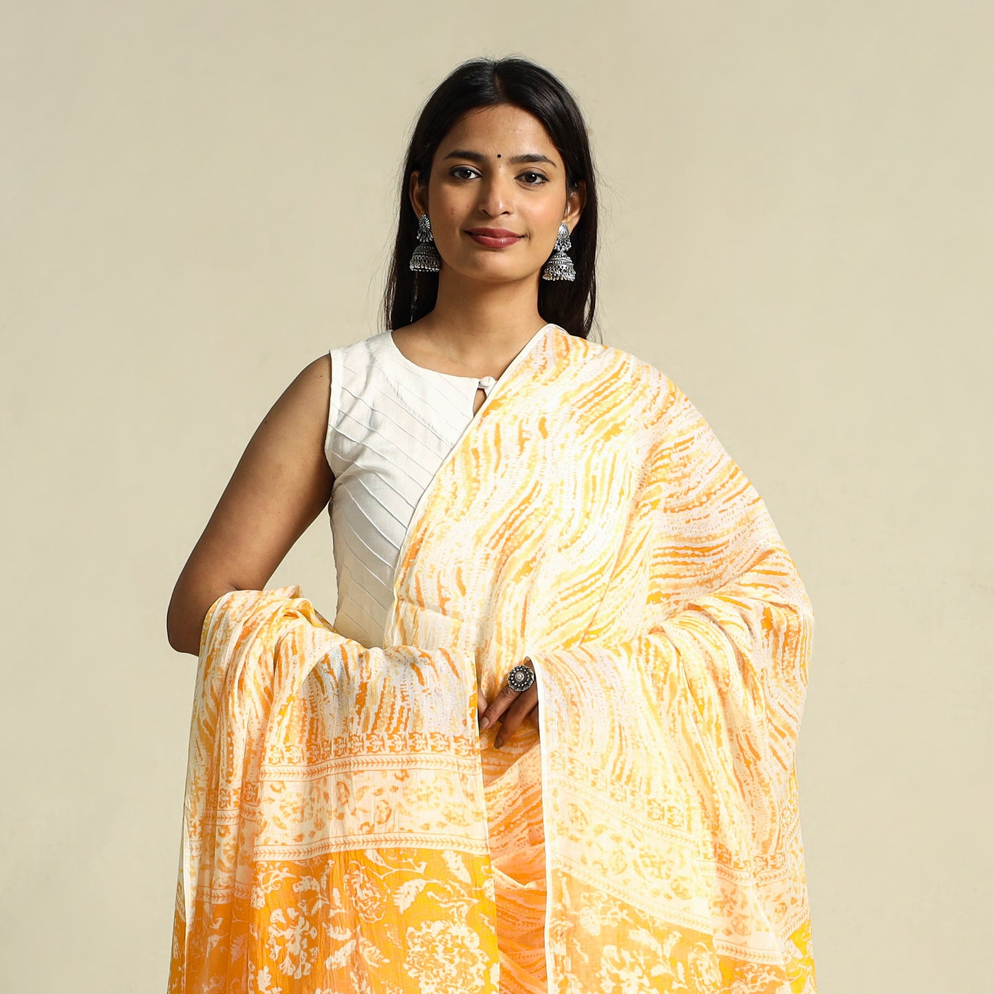 Buy Orange Cotton Jaipur Printed Dupatta Online