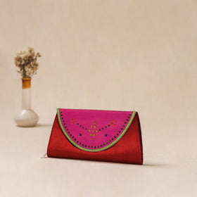 Red - Traditional Kutch Mashru Silk Leather Flap Clutch / Wallet 20