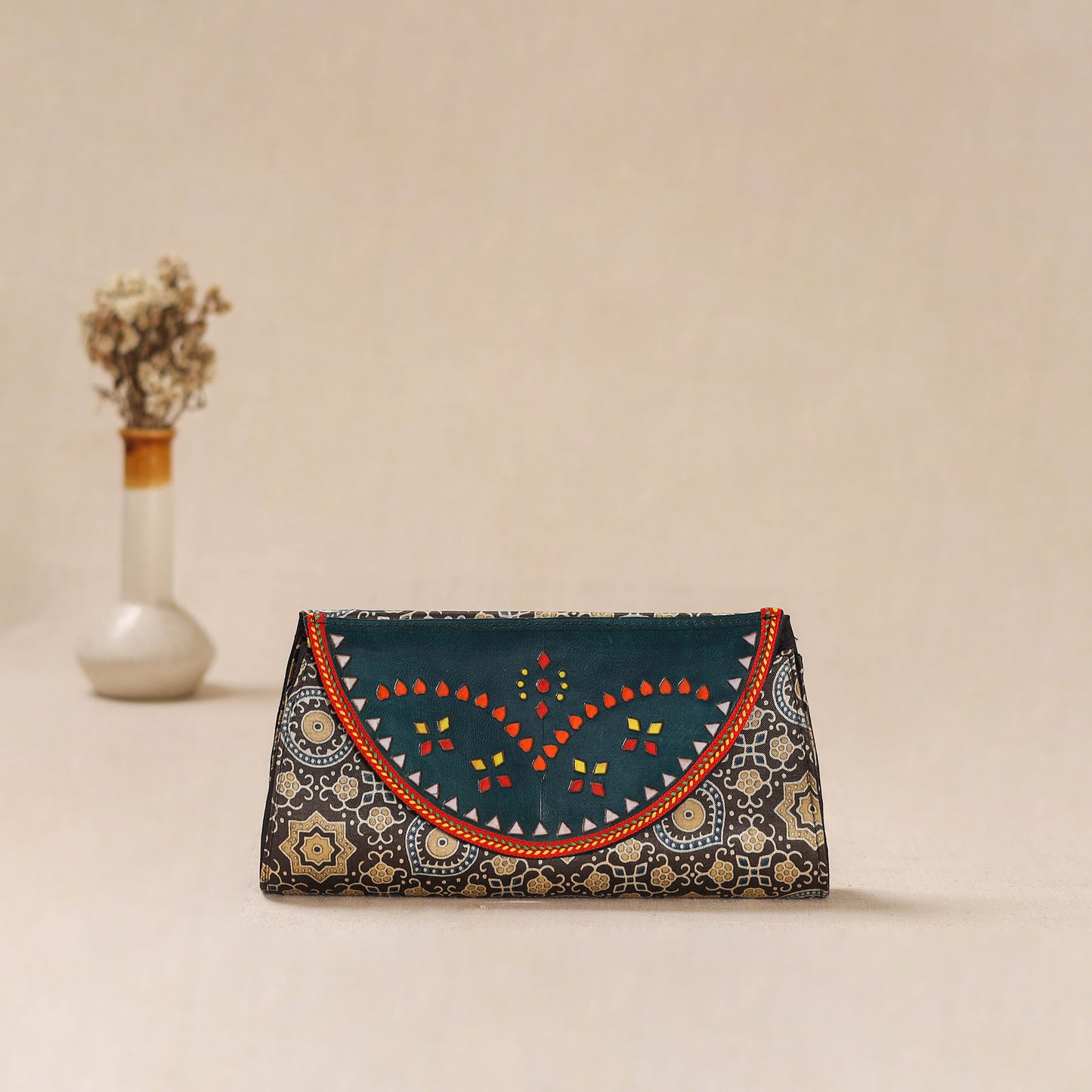 Traditional Kutch Mashru Silk Leather Flap Clutch / Wallet 21
