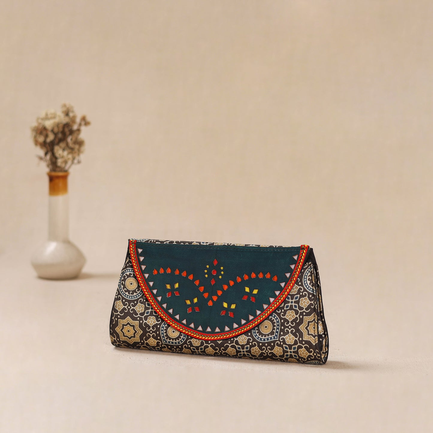 Traditional Kutch Mashru Silk Leather Flap Clutch / Wallet 21