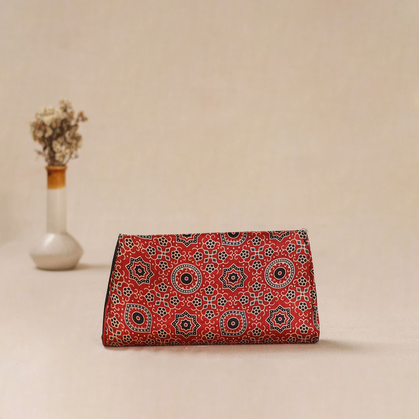 Red - Traditional Kutch Mashru Silk Leather Flap Clutch / Wallet 22