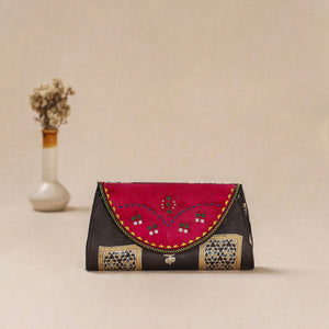 Brown - Traditional Kutch Mashru Silk Leather Flap Clutch / Wallet 23