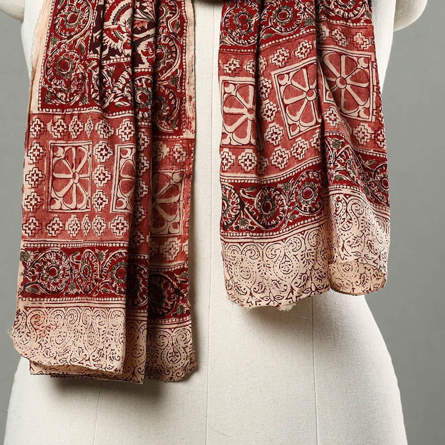 Red - Natural Dyed Block Print Mul Cotton Kalamkari Stole 32