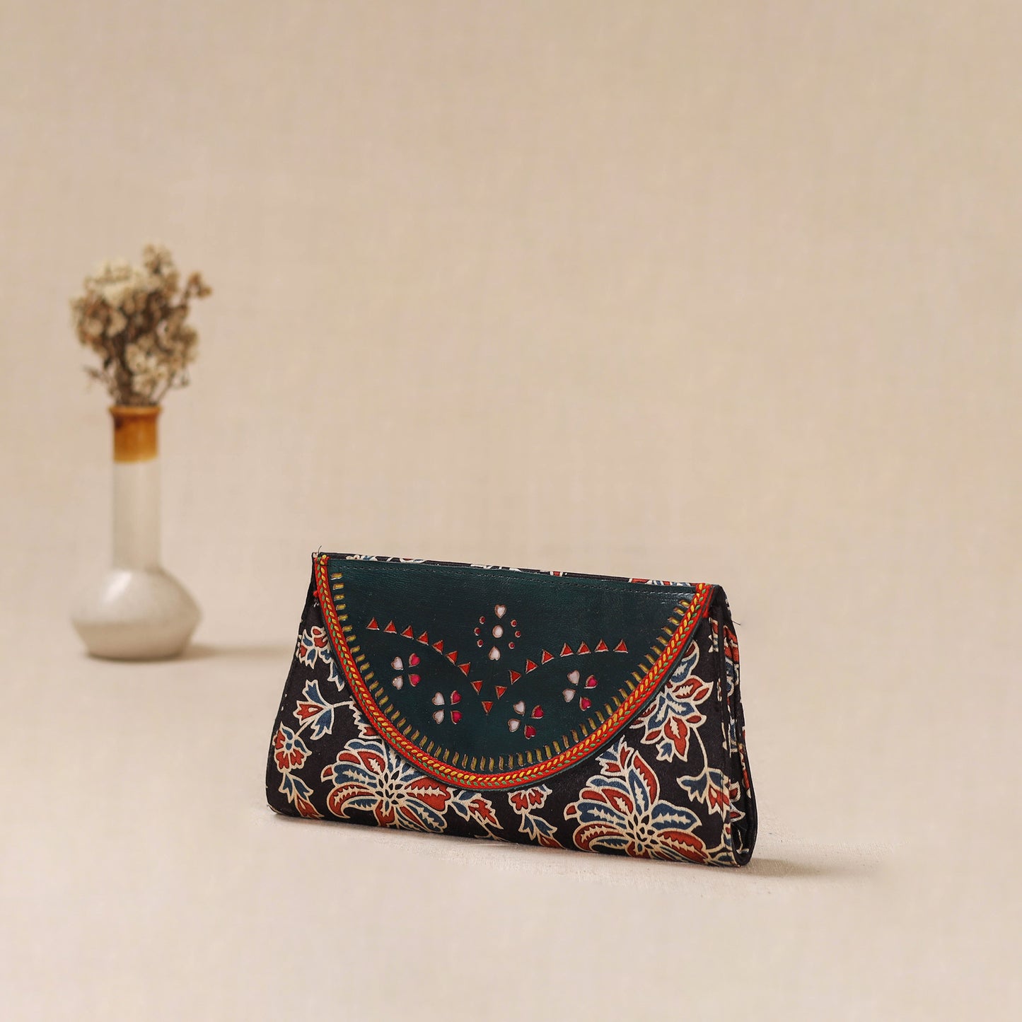 Black - Traditional Kutch Mashru Silk Leather Flap Clutch / Wallet 24