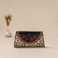 Brown - Traditional Kutch Mashru Silk Leather Flap Clutch / Wallet 25