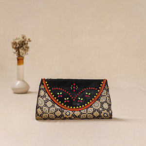 Brown - Traditional Kutch Mashru Silk Leather Flap Clutch / Wallet 25