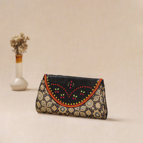 Brown - Traditional Kutch Mashru Silk Leather Flap Clutch / Wallet 25