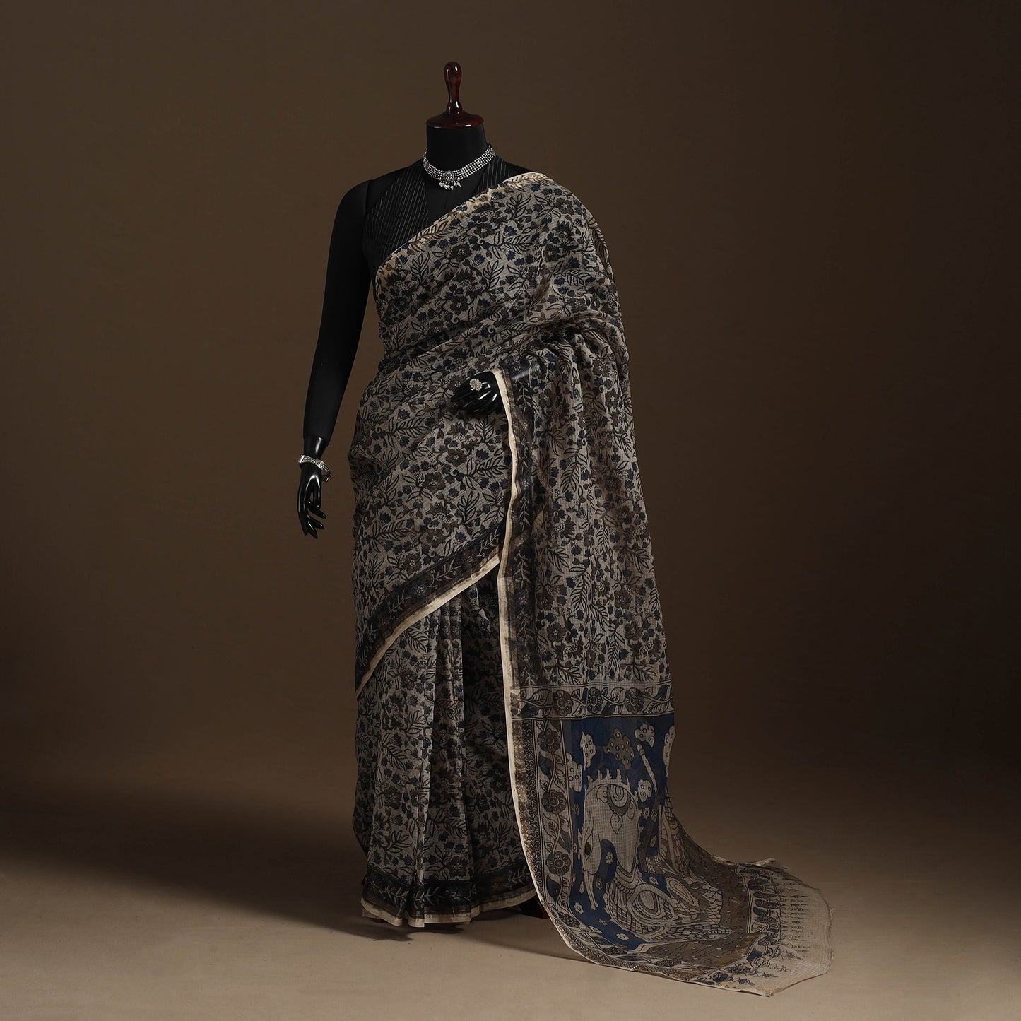 Black Printed Kota Doria Cotton Kalamkari Saree