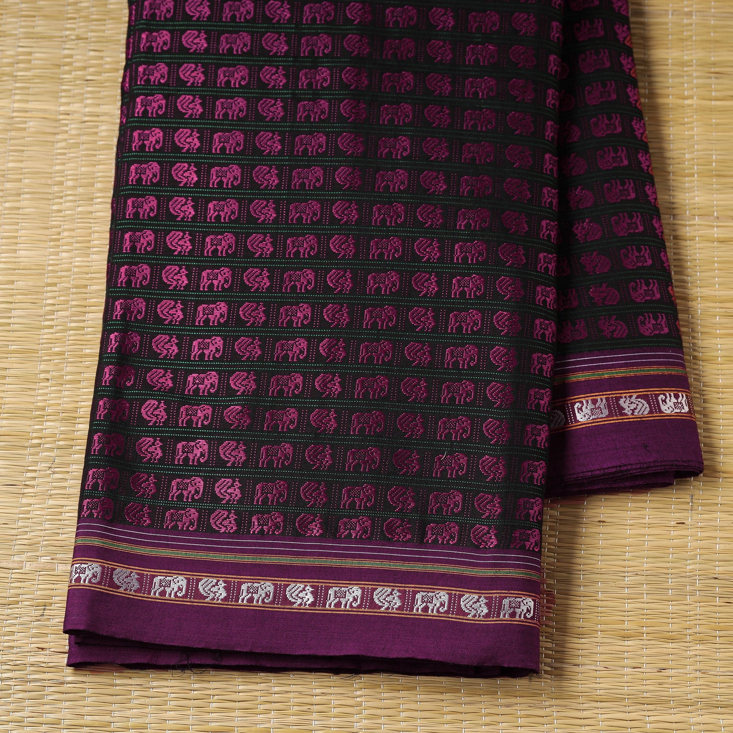 Purple - Karnataka Khun Elephant & Peacock Motif Cotton Handloom Fabric