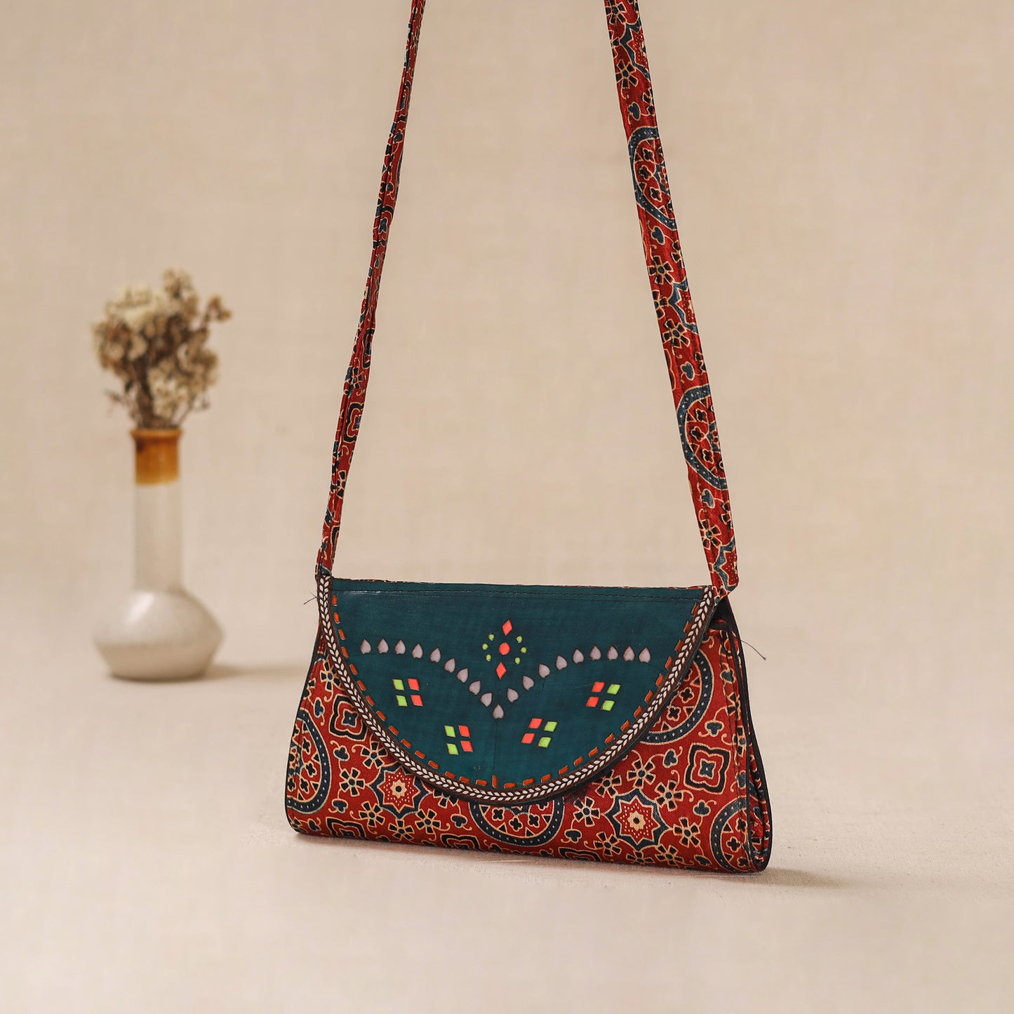 Traditional Kutch Mashru Silk Leather Flap Sling Bag 26