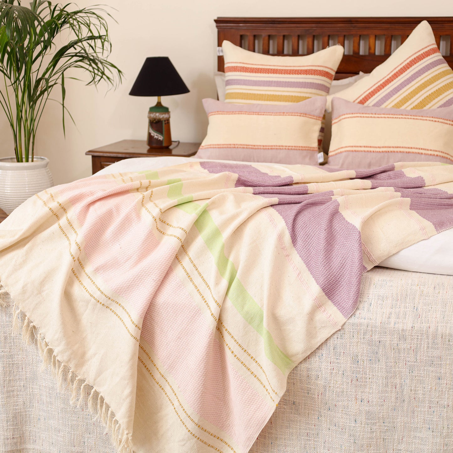 Pure Cotton Handwoven Bed/Sofa Throw with Cushion Cover Set 01