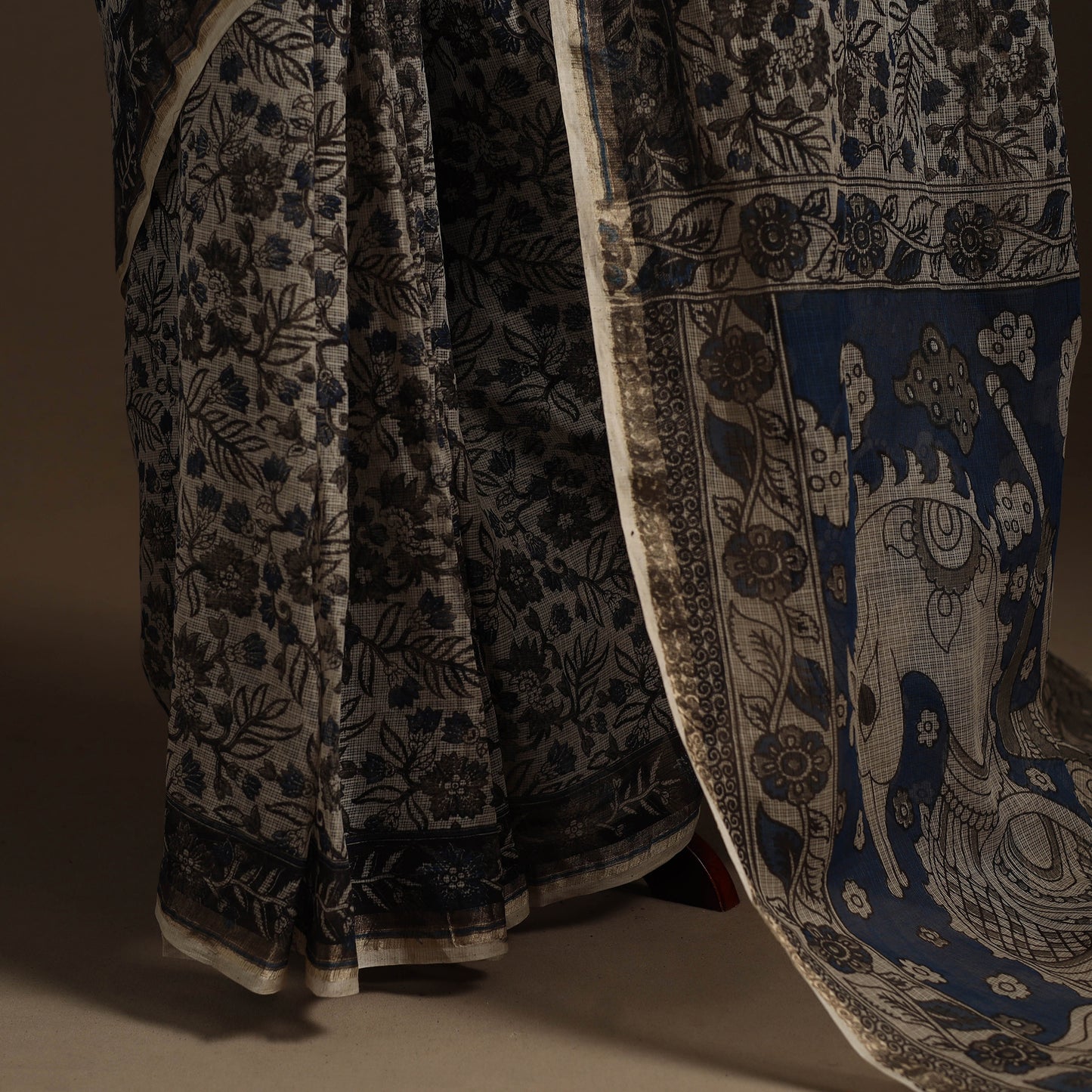 Black Printed Kota Doria Cotton Kalamkari Saree