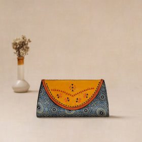 Blue - Traditional Kutch Mashru Silk Leather Flap Clutch / Wallet 27