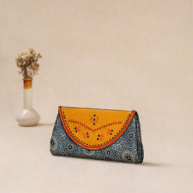 Blue - Traditional Kutch Mashru Silk Leather Flap Clutch / Wallet 27