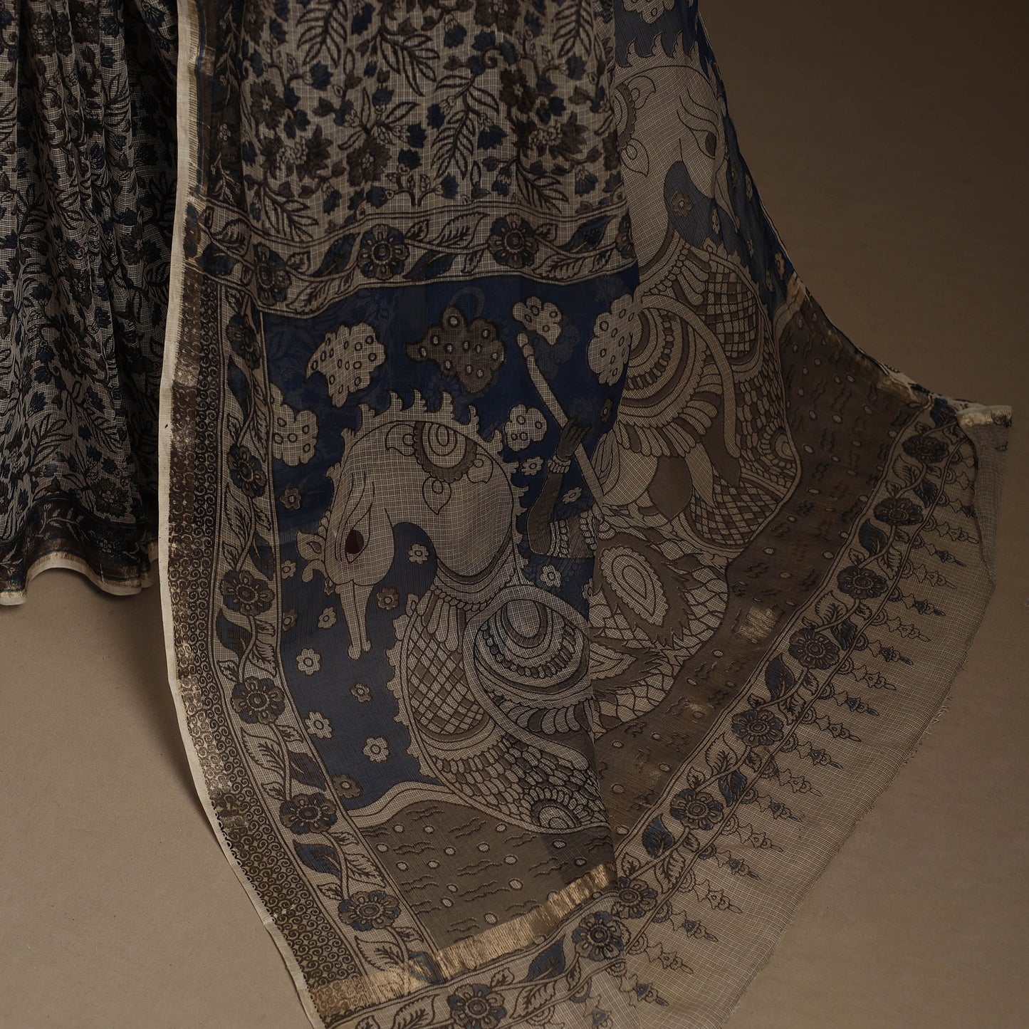 Black Printed Kota Doria Cotton Kalamkari Saree
