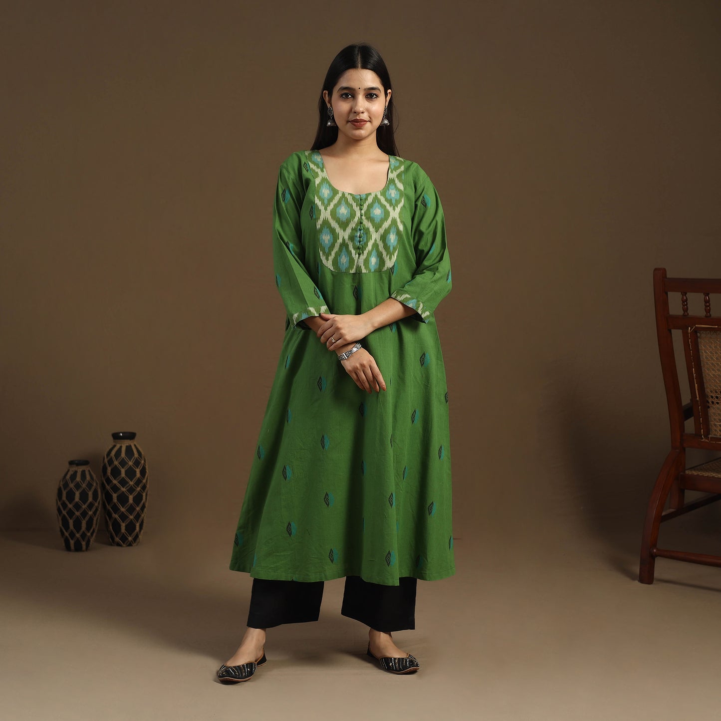 Green - Patchwork A-Line Cotton Jacquard Kurta 06