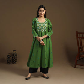 Green - Patchwork A-Line Cotton Jacquard Kurta 06