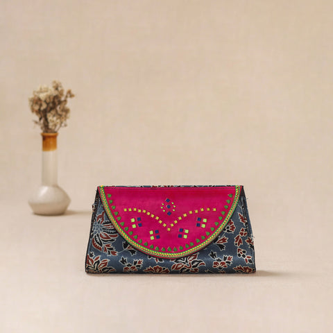 Traditional Kutch Mashru Silk Leather Flap Clutch / Wallet 28