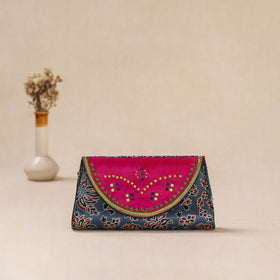 Blue - Traditional Kutch Mashru Silk Leather Flap Clutch / Wallet 28