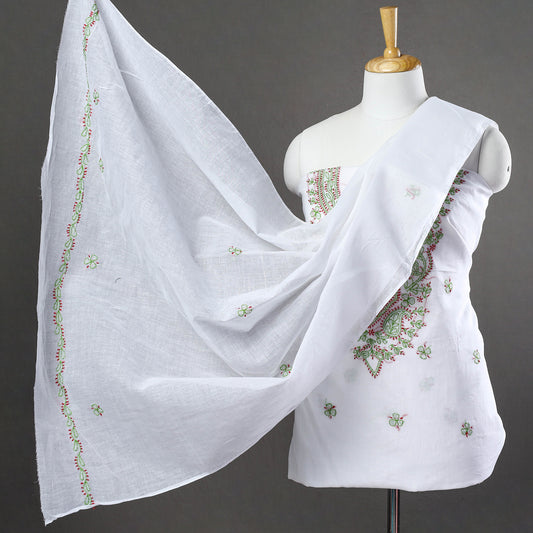 White - 3pc Lucknow Chikankari Hand Embroidery Cotton Suit Material Set 10