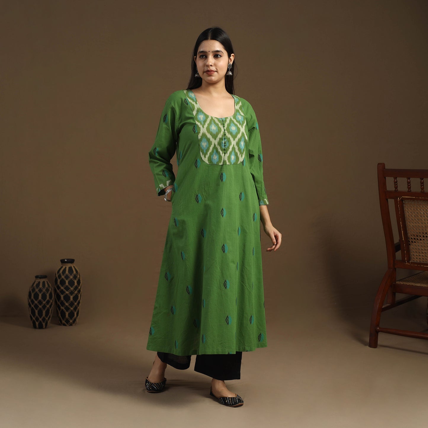 Green - Patchwork A-Line Cotton Jacquard Kurta 06