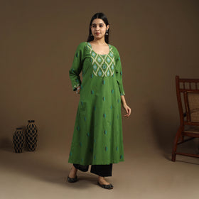 Green - Patchwork A-Line Cotton Jacquard Kurta 06