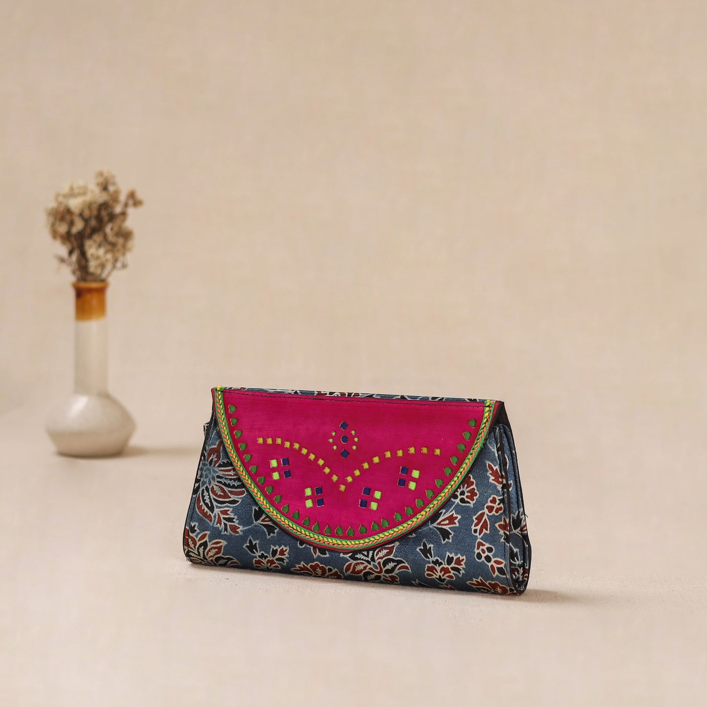 Blue - Traditional Kutch Mashru Silk Leather Flap Clutch / Wallet 28