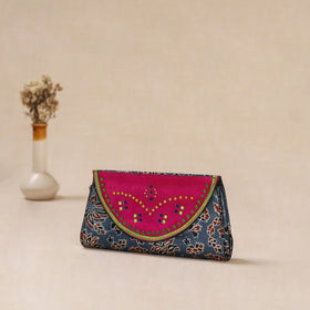 Blue - Traditional Kutch Mashru Silk Leather Flap Clutch / Wallet 28