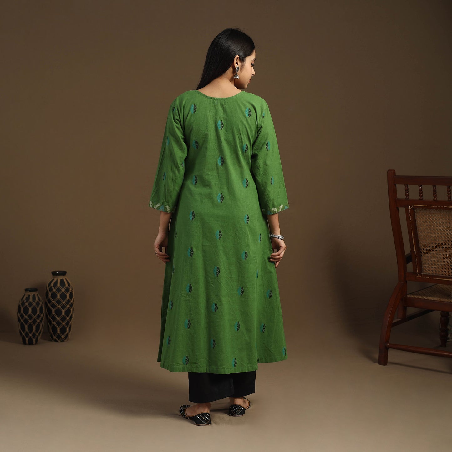 Green - Patchwork A-Line Cotton Jacquard Kurta 06